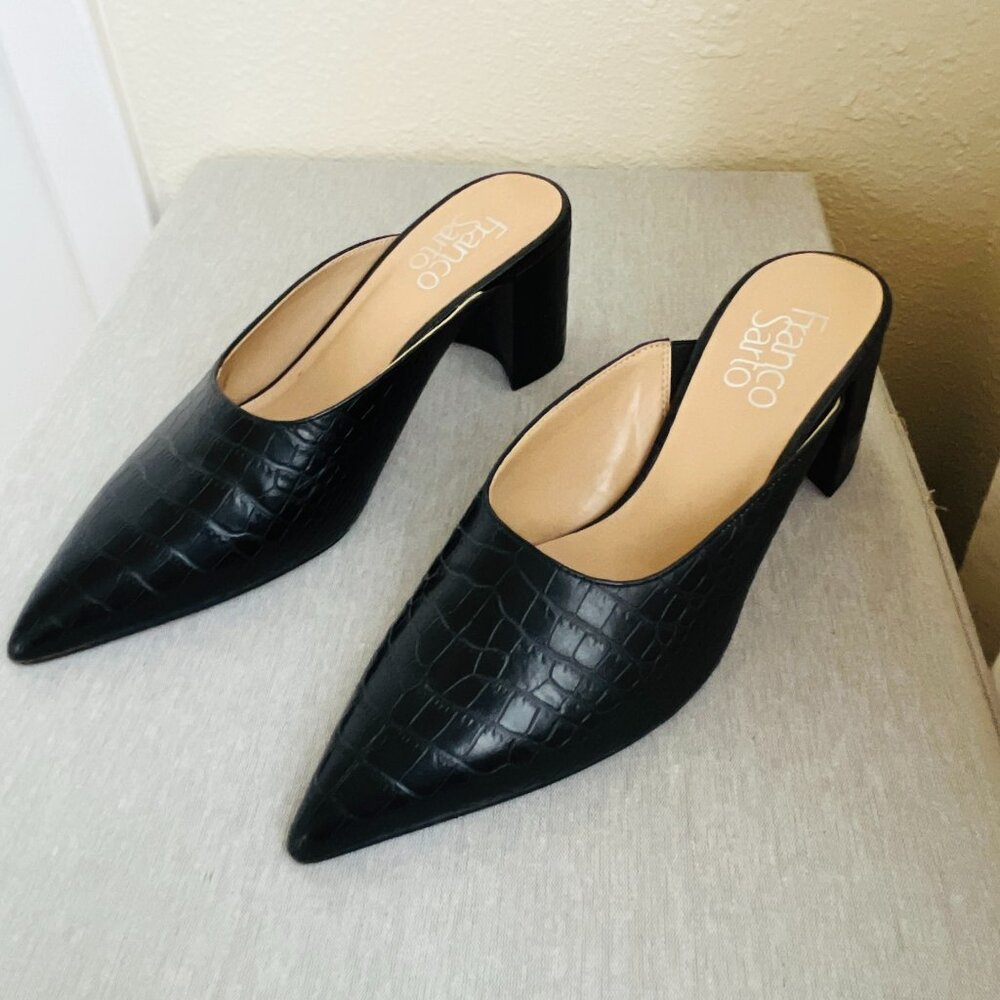 Franco Sarto Faux Crocodile Mules - Black, Size 6.5